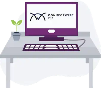 Illustration of a computer screen displaying the ConnectWise PSA logo