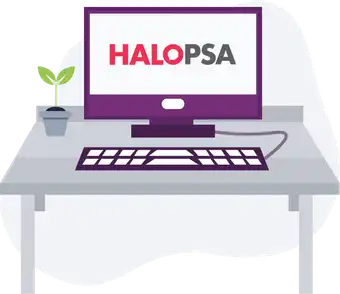 Illustration of a computer screen displaying the HaloPSA logo