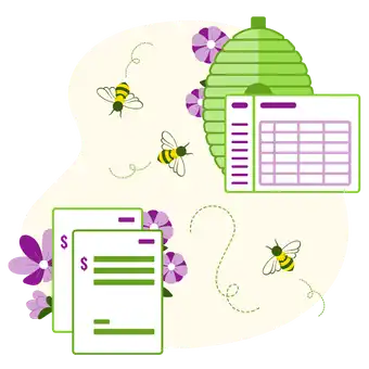 Illustration of bees flying back and forth between a beehive with spreadsheets and a flower field with documents, symbolizing the Gozynta Mobius workflow.