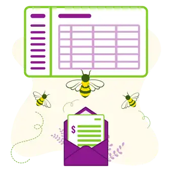 Illustration of bees flying from an open envelope containing an invoice towards an online portal, symbolizing the Gozynta Payments workflow.